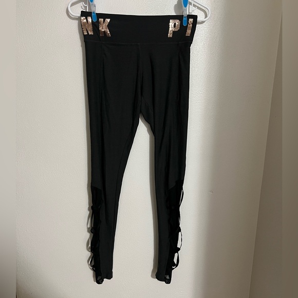 VICTORIA‎ SECRET PINK Yoga Pants with Sequins and Criss Cross Detail Women's XS - Picture 1 of 6
